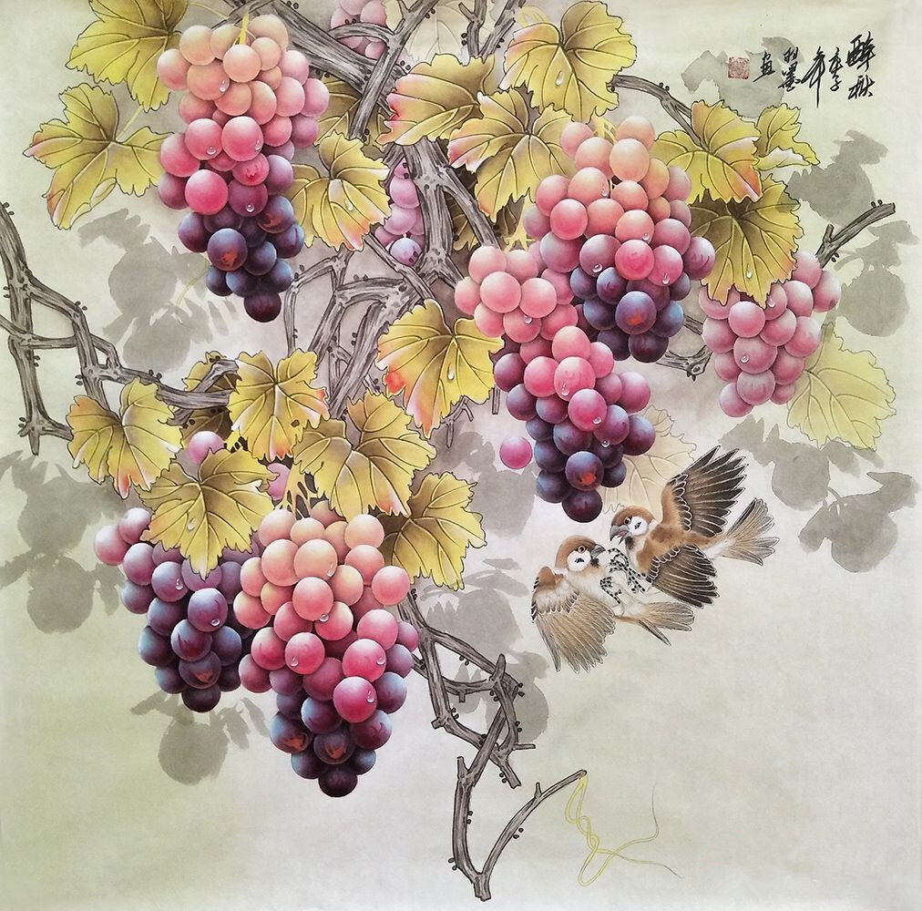 羽墨四尺斗方葡萄图《醉秋》