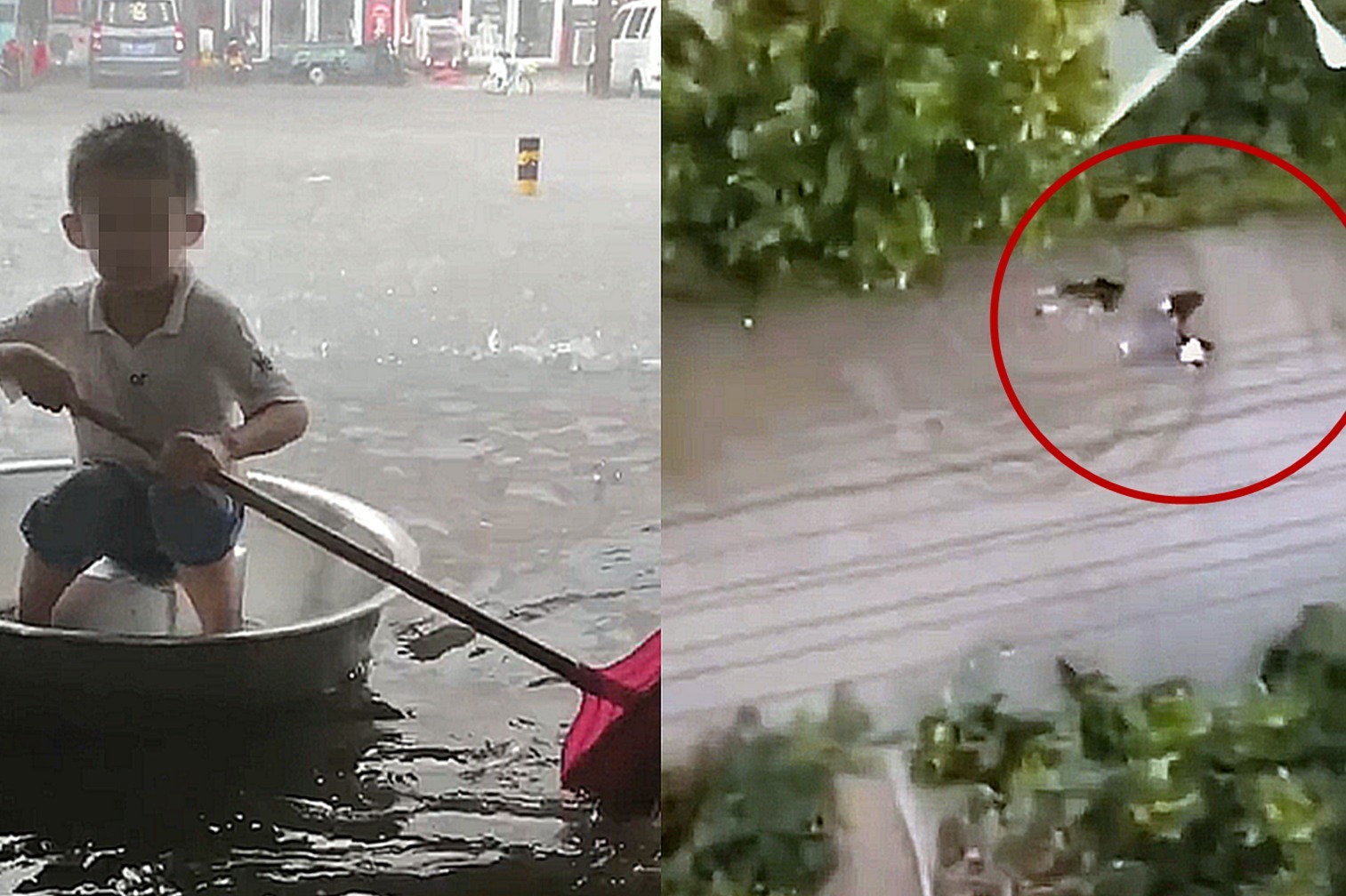 实拍山东临沂“瓢泼式”降雨 市民当街游泳 井盖“蹦迪”小孩坐盆