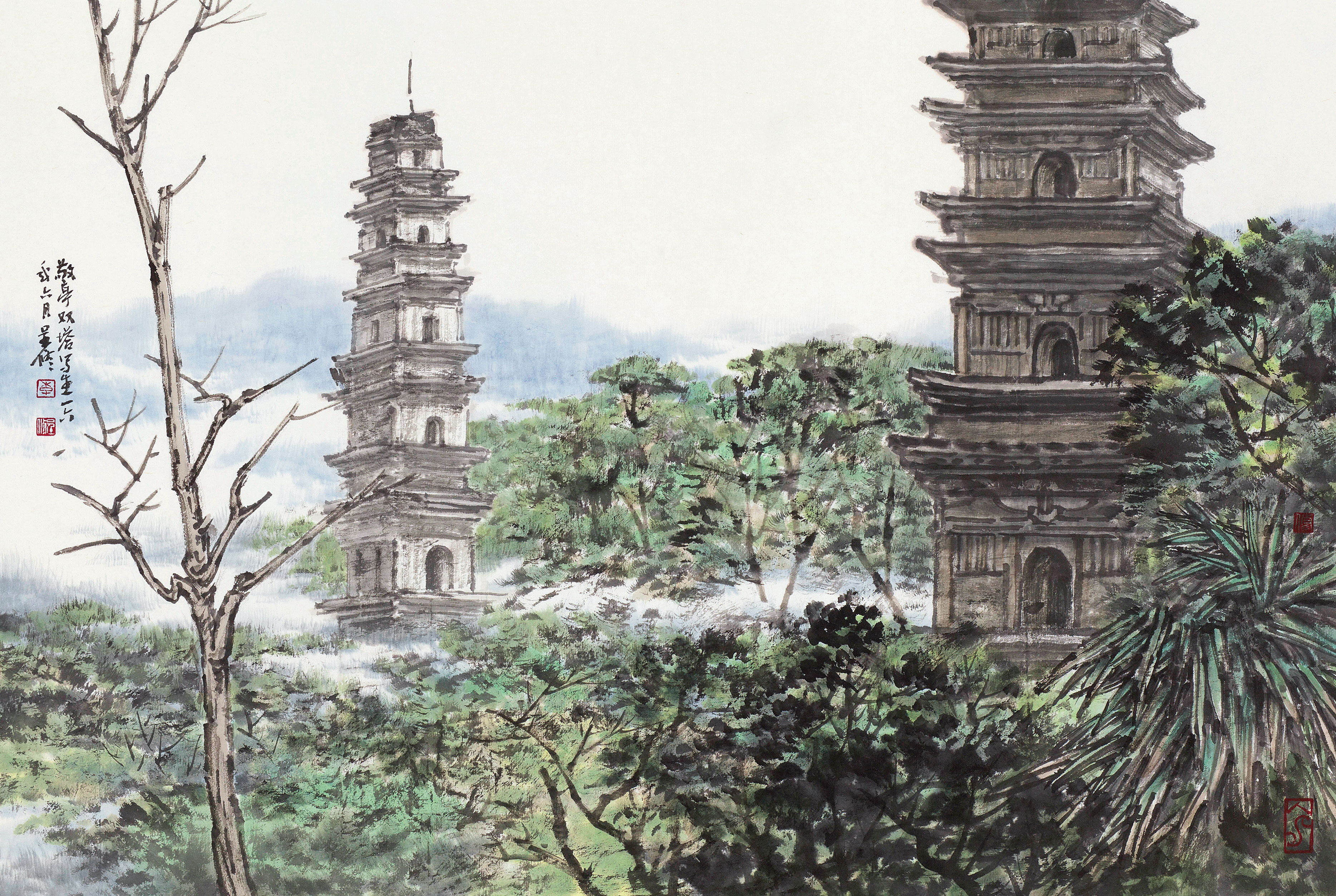 每日一画宣城敬亭双塔写生