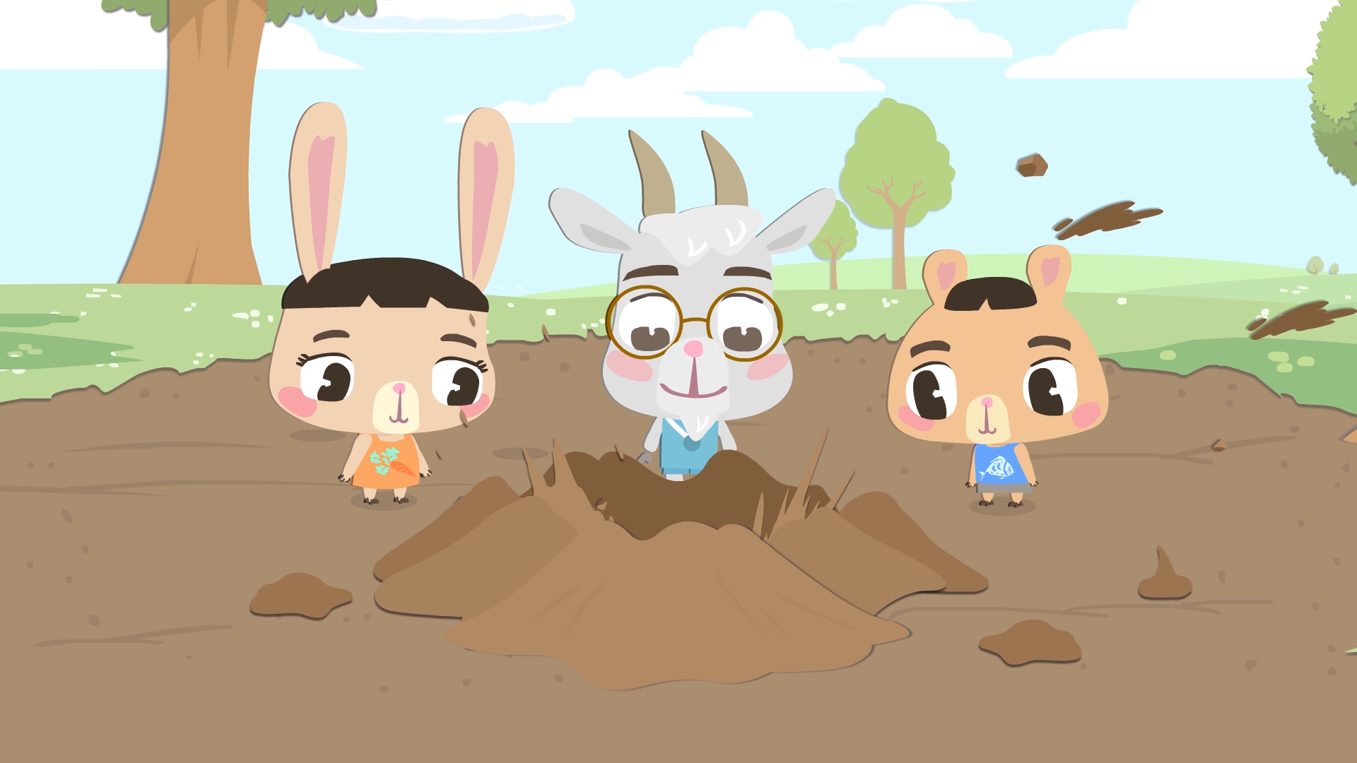 贝贝是总工程师,妮妮负责挖土,淘淘和皮皮负责搬运.