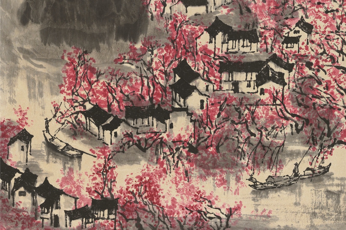 李可染山水画《小舟穿过桃花村》