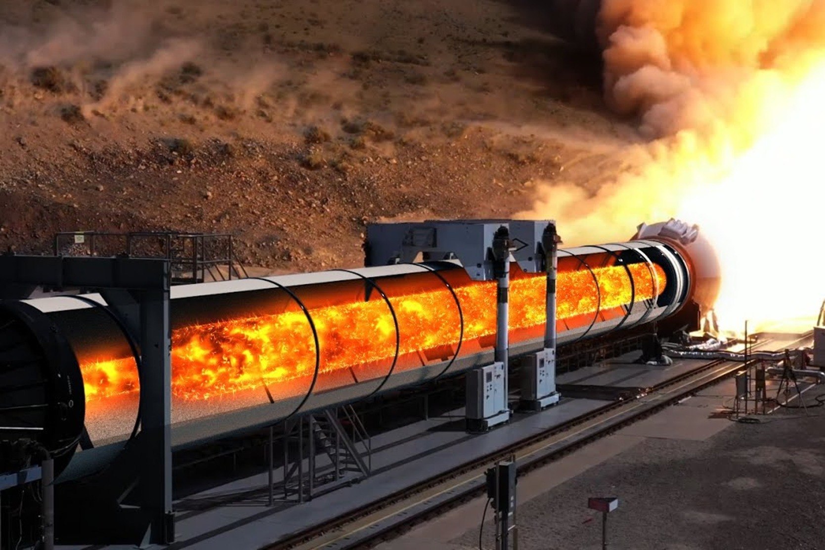 火箭发动机试车随着一声巨响火焰喷出几十米开外太壮观了