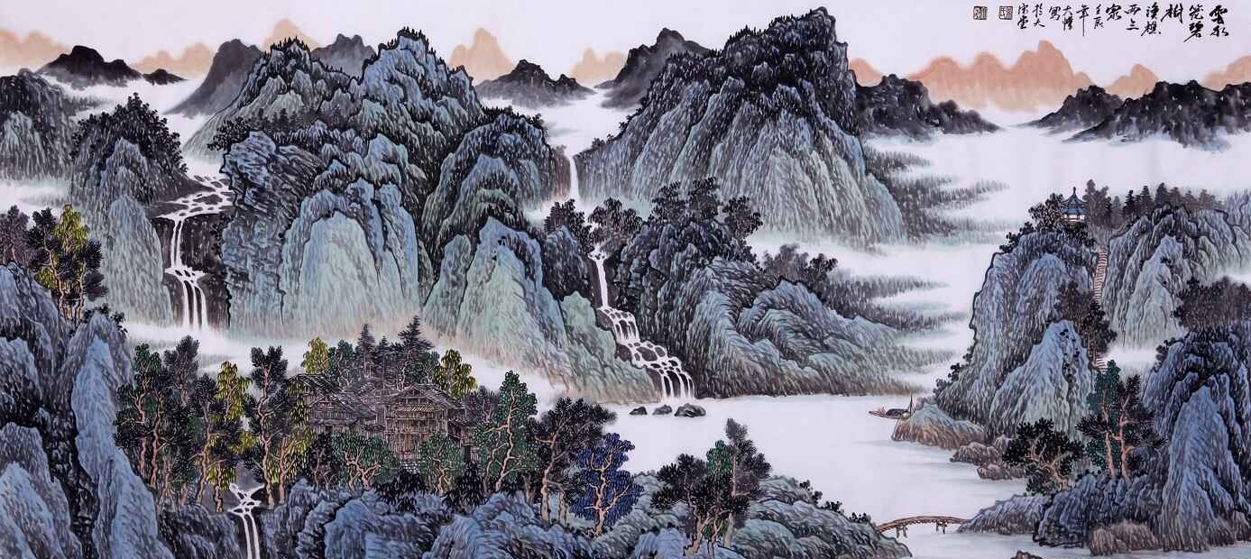 画坛黑马吴大恺四尺横幅山水画作品《云水笼碧树》