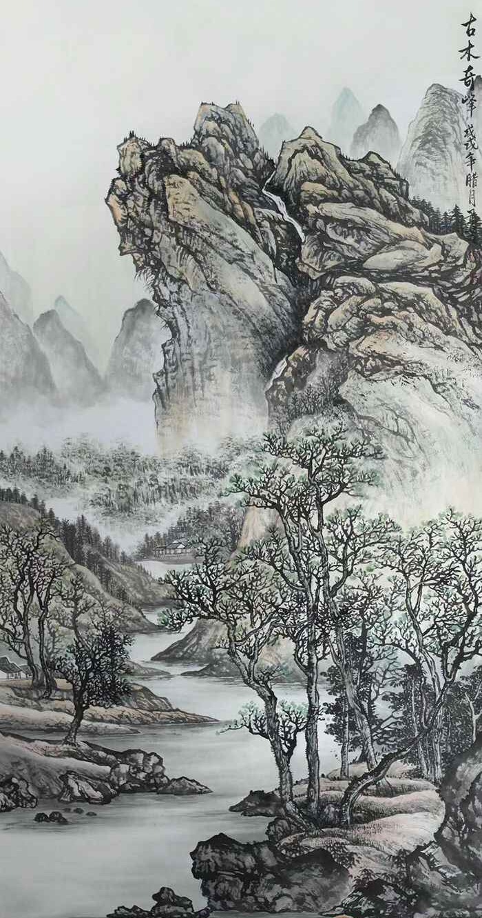 张景芳新品力作四尺竖幅山水画《古木奇峰》
