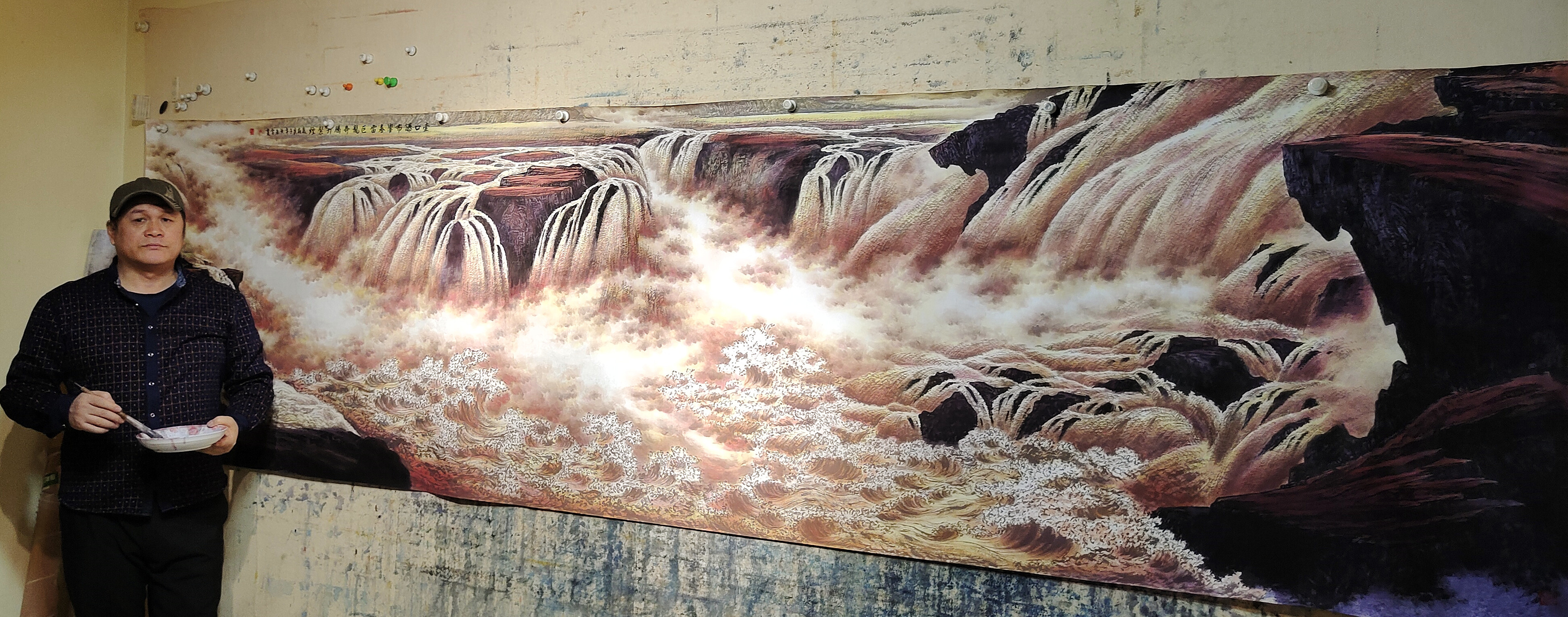 黄春雷画黄河系列-中华情,母亲河,峡谷响春雷,河道升紫烟