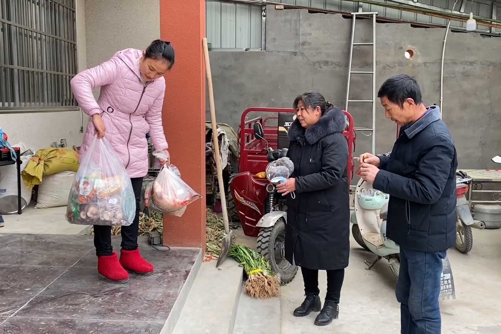 老爸老妈上街买菜回来大包小包的往屋拎老妈说价格合适都买点