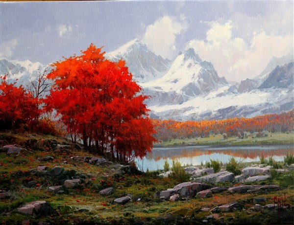 他对于身边风景,环境,道路上的秋叶和水中的绝美倒影的现实主义风更