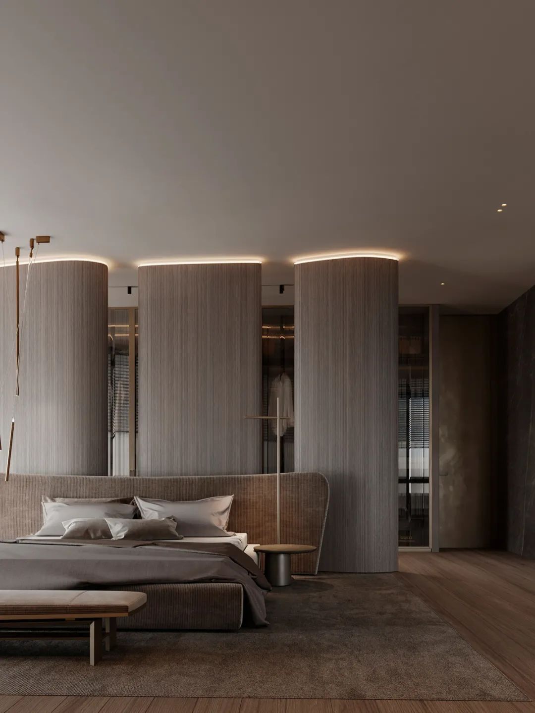 主卧的空间给人岁月静好的温和从容,大理石电视背景墙后面是凹凸有致