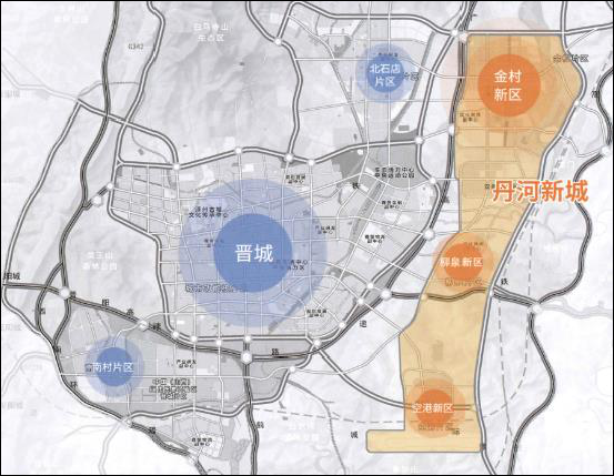 从北到南依次规划为金村新区,柳泉新区,空港新区,是引领晋城市未来