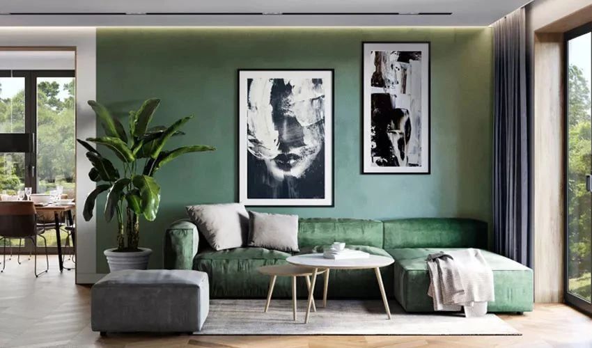 莫兰迪绿的墙面背景有如莫兰迪笔下的瓶瓶罐罐,整体优雅,高级,并且在