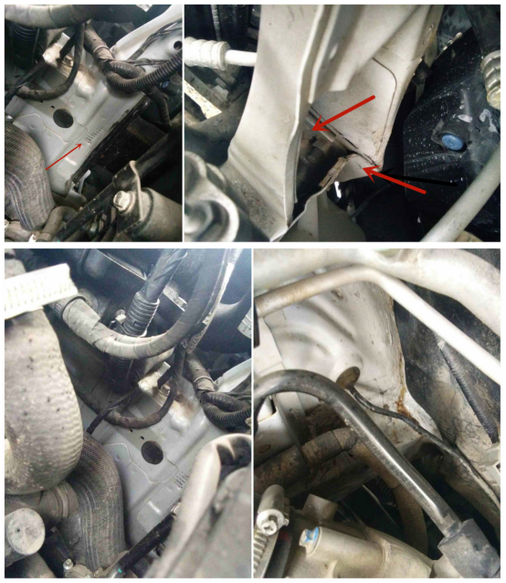 左右前纵梁包括水箱框架之间有变形,钣金,锈蚀痕迹.事故不小.