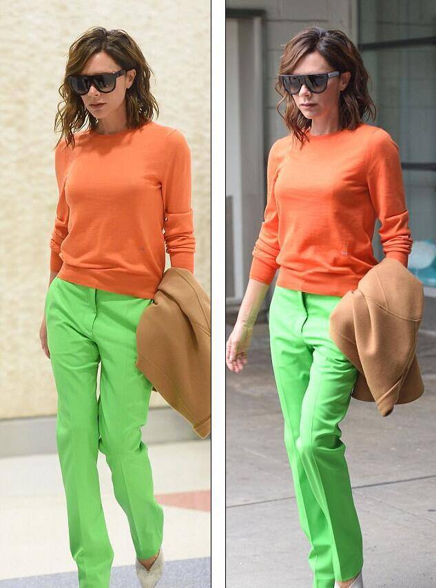 贝嫂独自上街女王气场足 橙绿搭配带着春天的气息