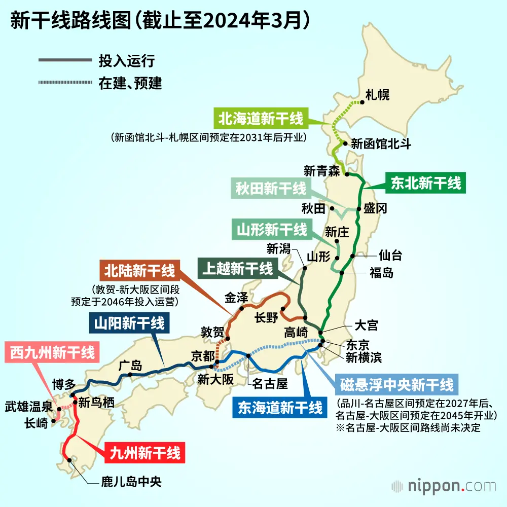 截至2024年3月，日本新干线路线图（图/日本网）