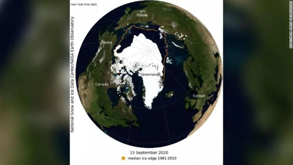 美国国家航空航天局发布了2020年9月15日测量的北极海冰范围，是当年的最低值 （图片来源：CNN）