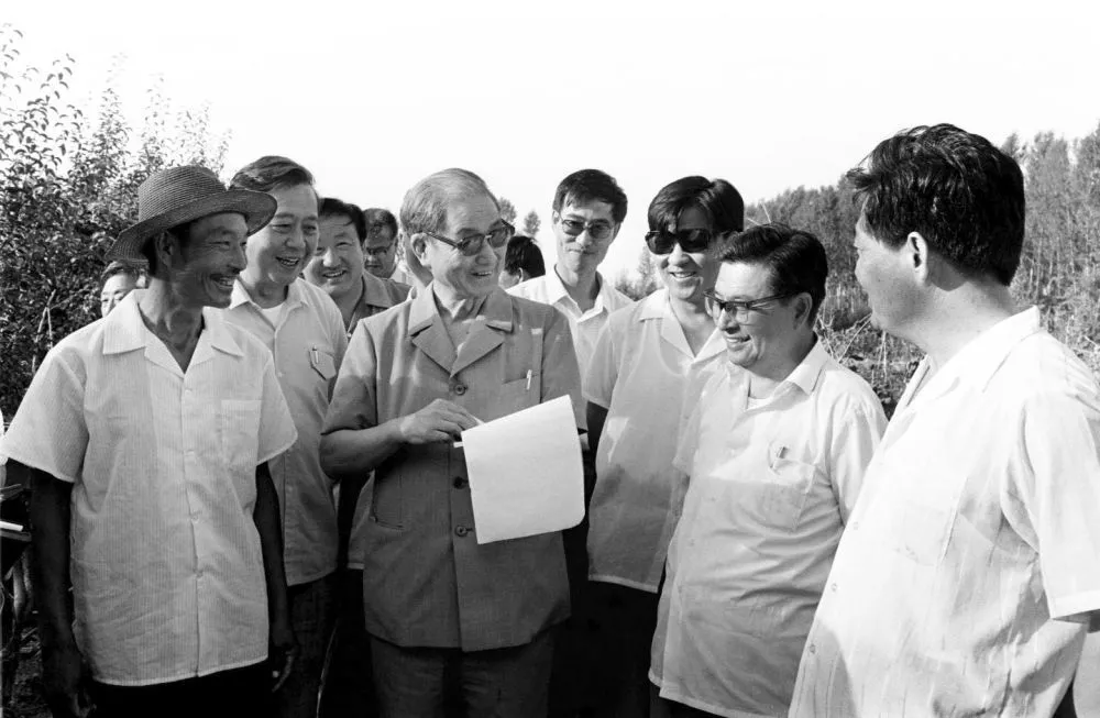 1990年7月中下旬，宋平同志（前左二）来到内蒙古自治区巴彦淖尔市临河区马场地村了解基层党支部建设情况。新华社记者 施长江 摄