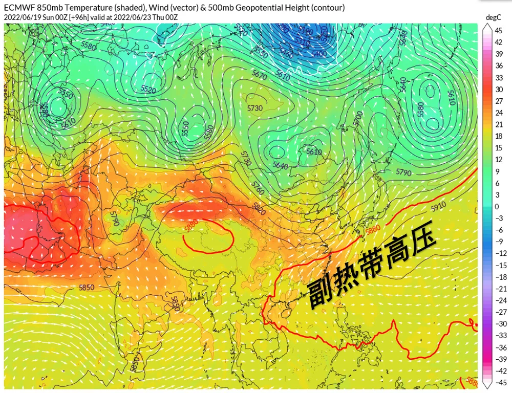 6月23日副高位置，中气爱根据ECMWF数据制作