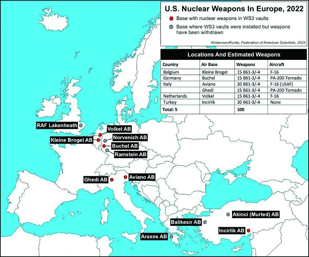 美国科学家联合会发布的2022年美国核武器在欧洲部署情况。