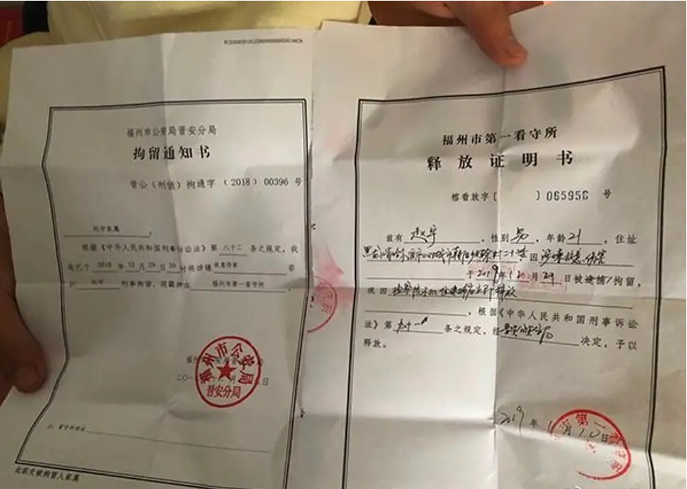 ▲ 赵宇的拘留通知书与释放证明书 （图/网络）