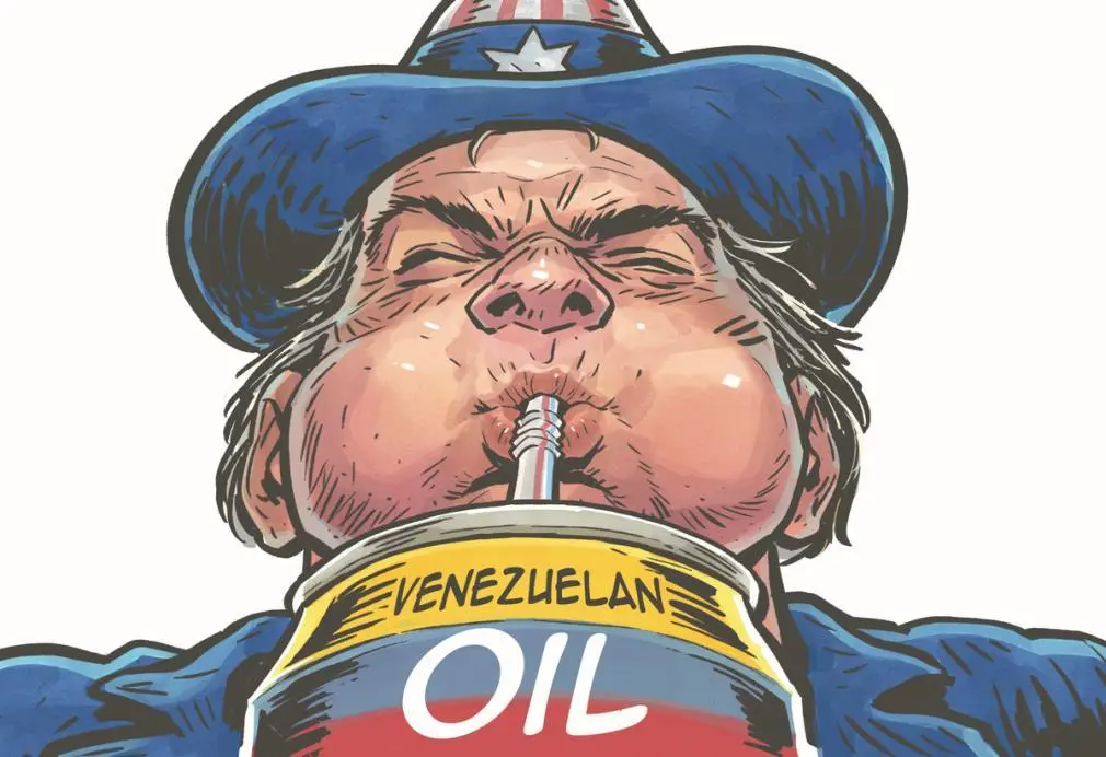 石油是美国对委内瑞拉展开军事行动的理由之一。(漫画作者:中国日报 蔡朦)