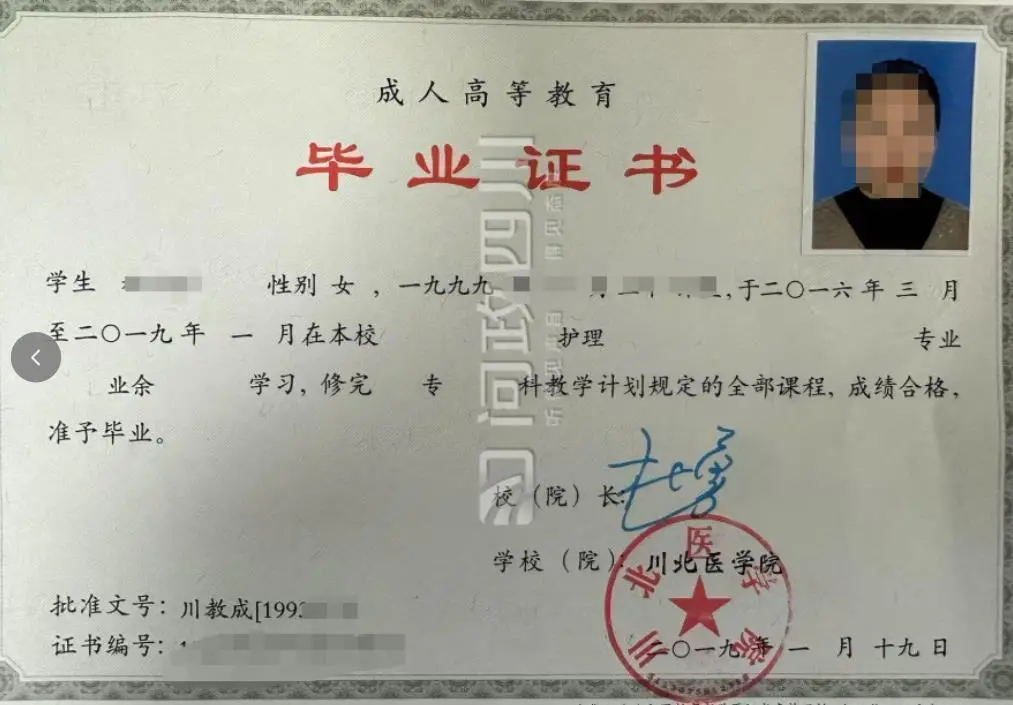 税女士的成人大专学历证书