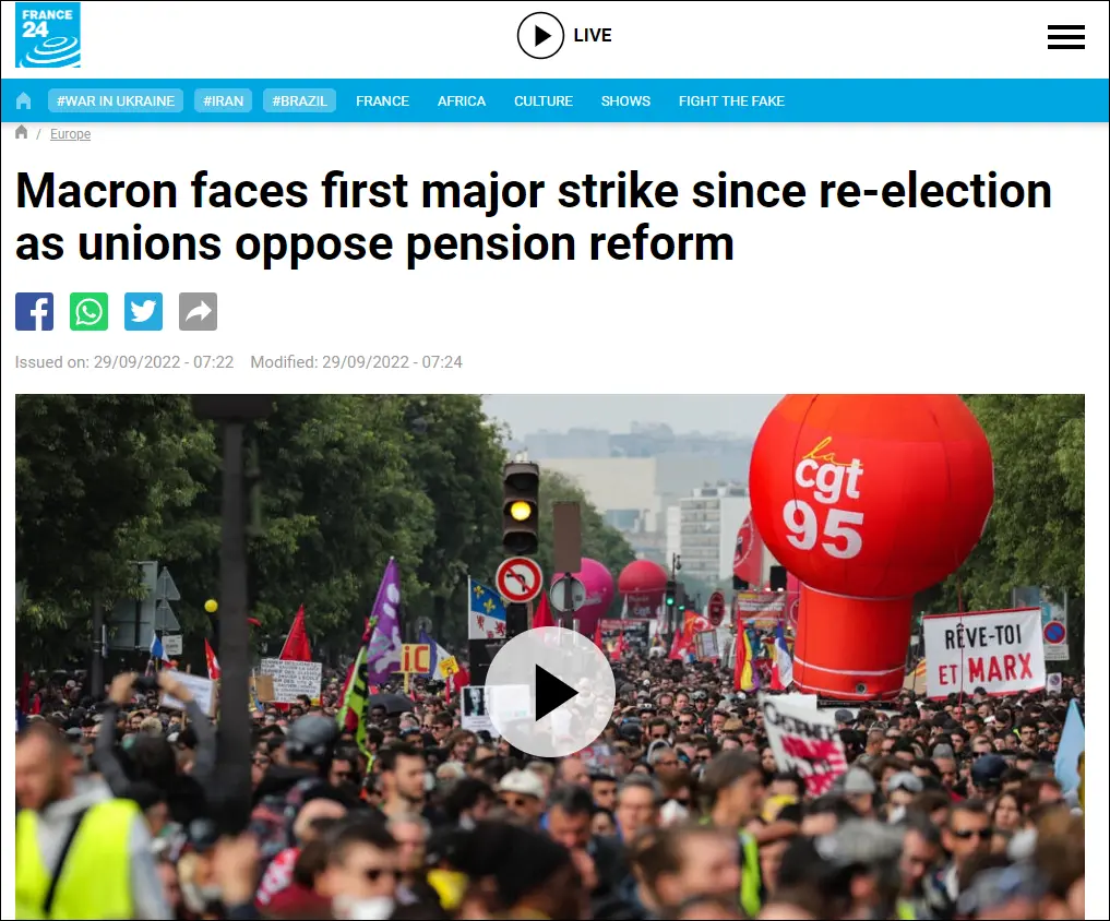 法兰西24电视台9月29日关于全国性罢工的报道