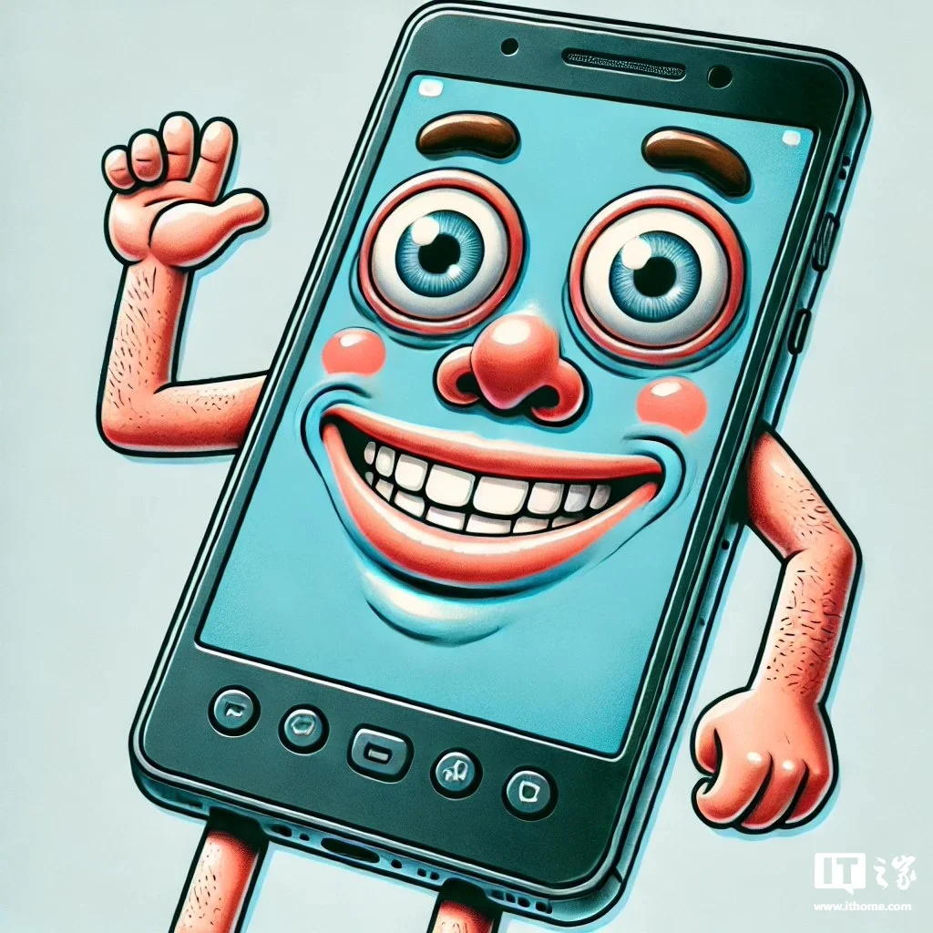 A humorous and whimsical illustration of a smartphone with human features. The phone has a face with exaggerated eyes, a wide smile, and human-like arms and legs. The limbs are slightly disproportionate, adding to the cartoonish and funny effect. The phone's body remains mostly unchanged, but the screen shows the face, and the buttons or ports resemble other facial features. The overall style is playful, with bright colors and a lighthearted atmosphere, making the phone appear as a comical character.