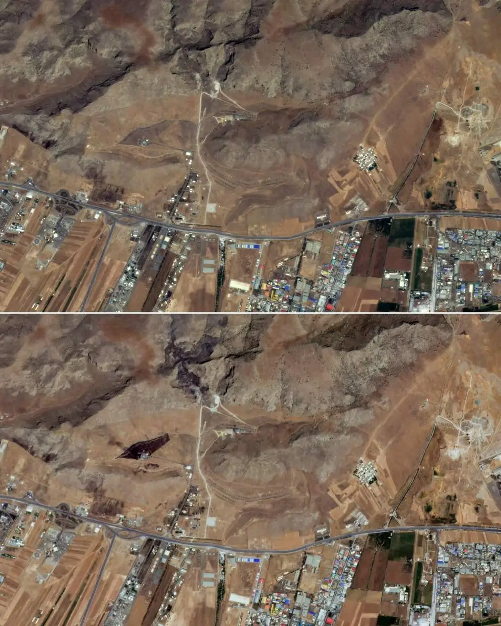 克尔曼沙阿导弹基地遭袭前后。上图:2025年6月12日,下图:2025年6月13日