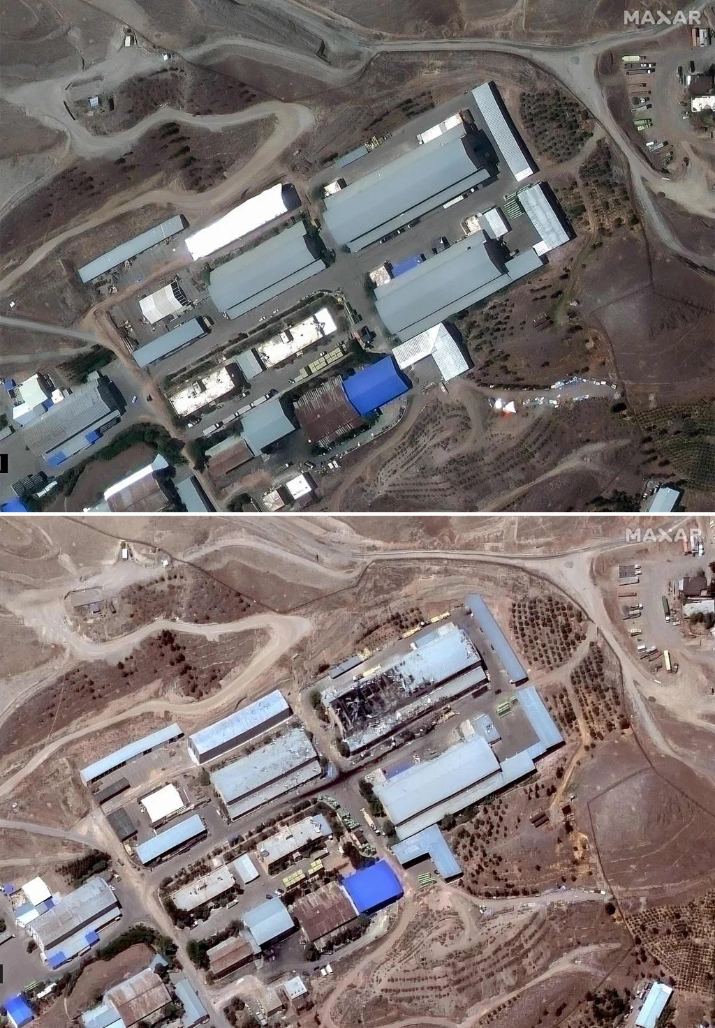 伊斯兰革命卫队加迪尔(Ghadir)基地遭袭前后。上图:2025年5月1日,下图:2025年6月14日