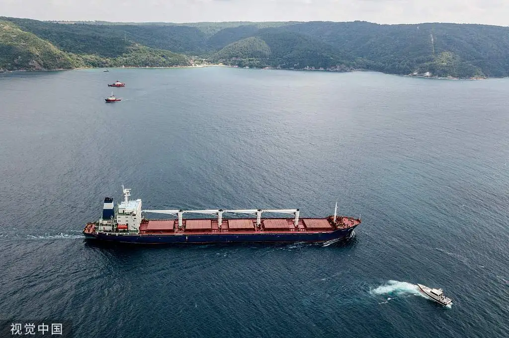 当地时间2022年8月3日，土耳其伊斯坦布尔，运粮船“拉佐尼”号在经过正式检查后，沿着博斯普鲁斯海峡驶向黎巴嫩的的黎波里。视觉中国 图