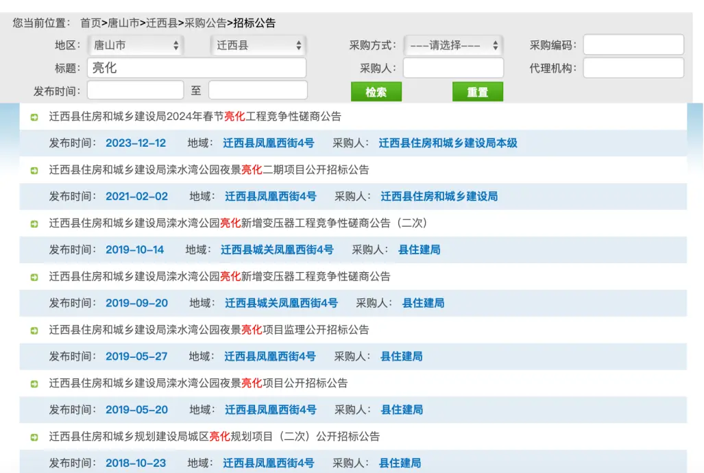 河北政府采购网上检索“迁西县”“亮化”等关键词出现的招标公告结果。