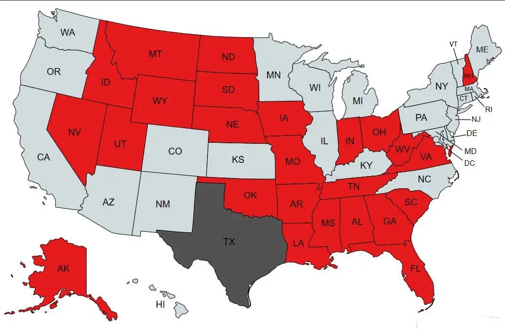 红色是参与此次联署的25个共和党州长所在州 图源：社交媒体