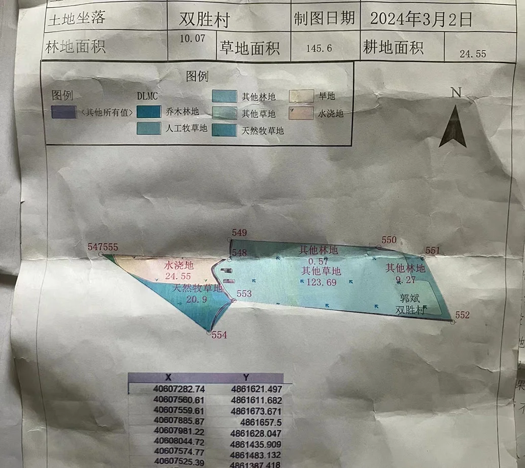 双胜村承包户收到的地类图，180余亩土地中，耕地只剩不足25亩。据该承包户介绍，被定为其他草地的部分，他也曾长期种植玉米等作物，在被定为水浇地和天然牧草的地块上，他曾为完成“三三制”任务而栽种过一些沙棘。