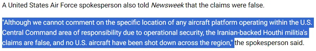 美国空军发言人表示“胡塞武装击落美国的F-22战机”的说法是虚假的。图片截自《新闻周刊》6月19日报道。