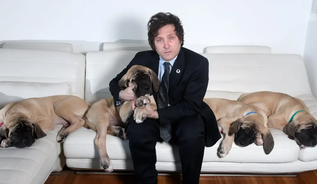 ▎米莱和他的克隆狗，他以弗里德曼等三位保守派经济学家的名字命名克隆狗，使克隆狗成为自由主义理想的象征。