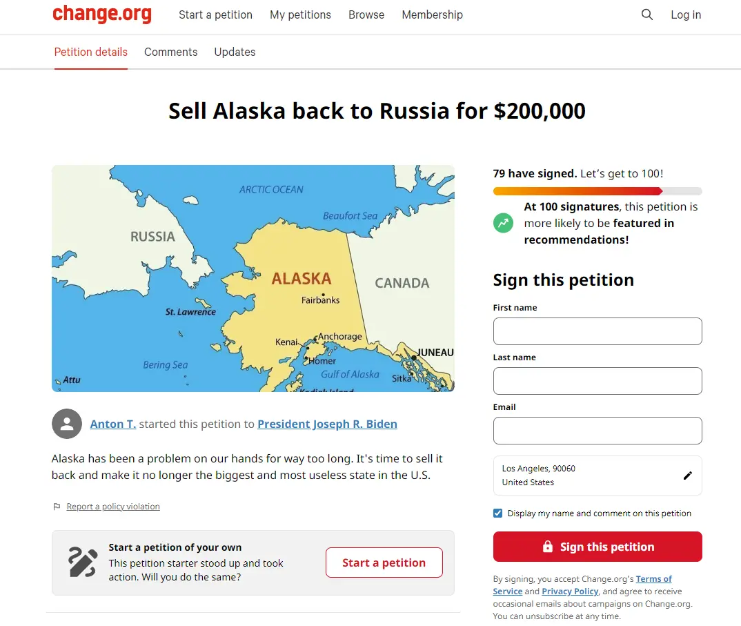 change.org网页上保留有“以20万美元的价格将阿拉斯加卖回给俄罗斯”的倡议。
