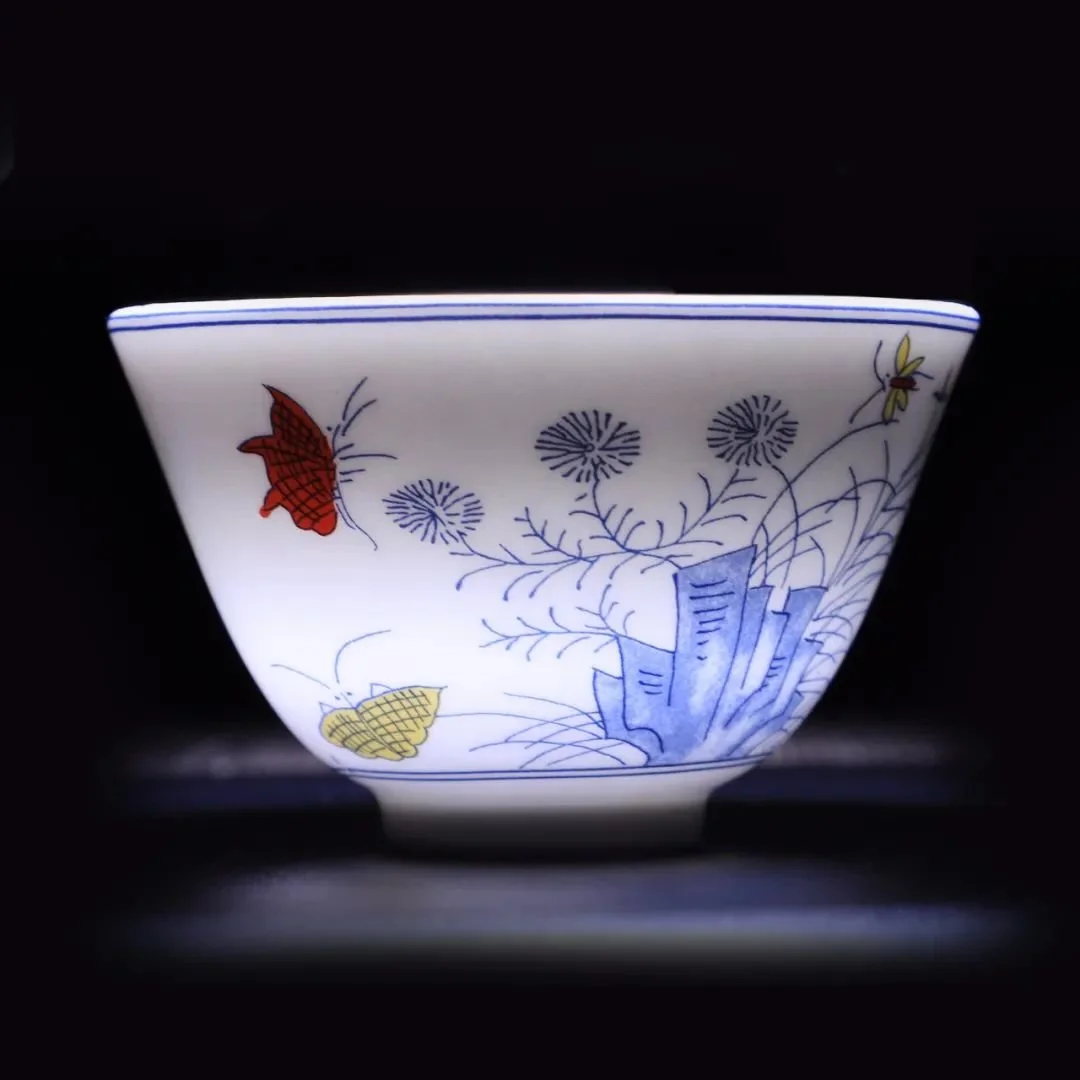 中国 大明成化年製 粉彩 鳥花文 煎茶碗 一対 M 7990E 美術品・アンティーク・コレクション