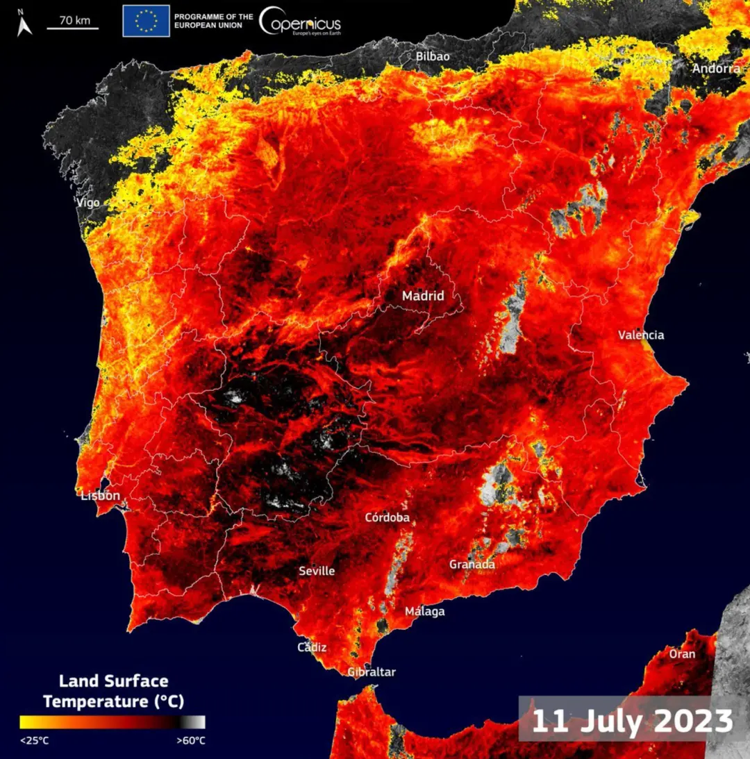 ▲ 7月11日，西班牙地表温度适宜图。（欧盟气候监测机构哥白尼气候变化服务局制图）