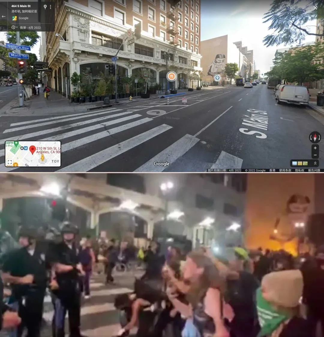 谷歌街景与视频内容比对，可见楼外形与远处的墙绘一样。  