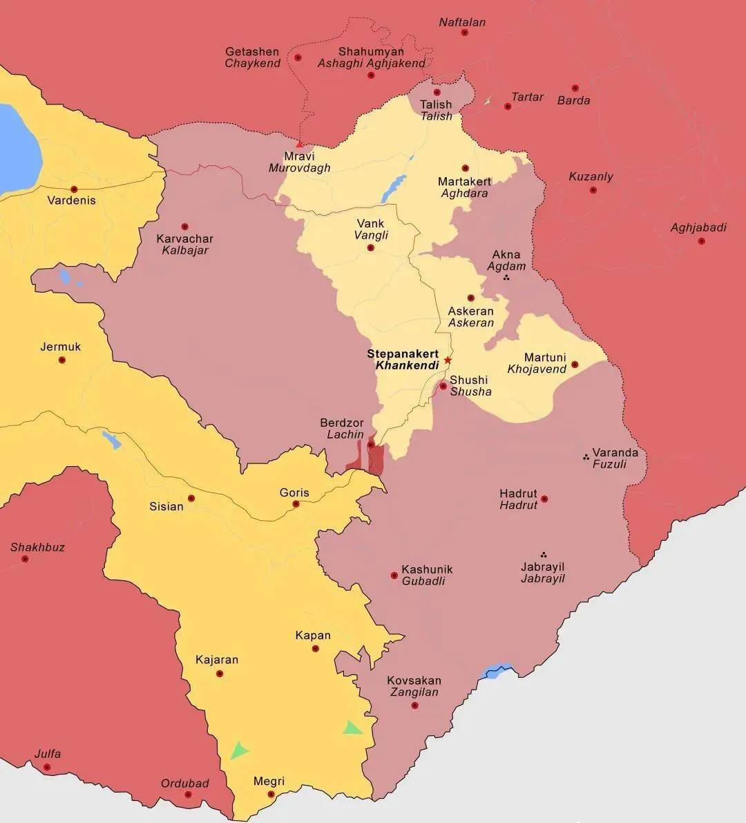 ▎图中褐色条纹为拉钦走廊,杏黄色部分为亚美尼亚本土,浅黄色部分为2020年战争后还掌握在亚美尼亚人手中的纳卡地区。