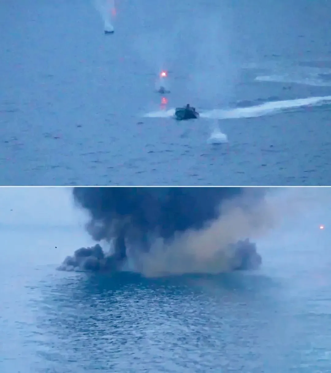 2023年5月24日，俄罗斯黑海舰队军舰摧毁了乌克兰的水面无人艇。图/视觉中国
