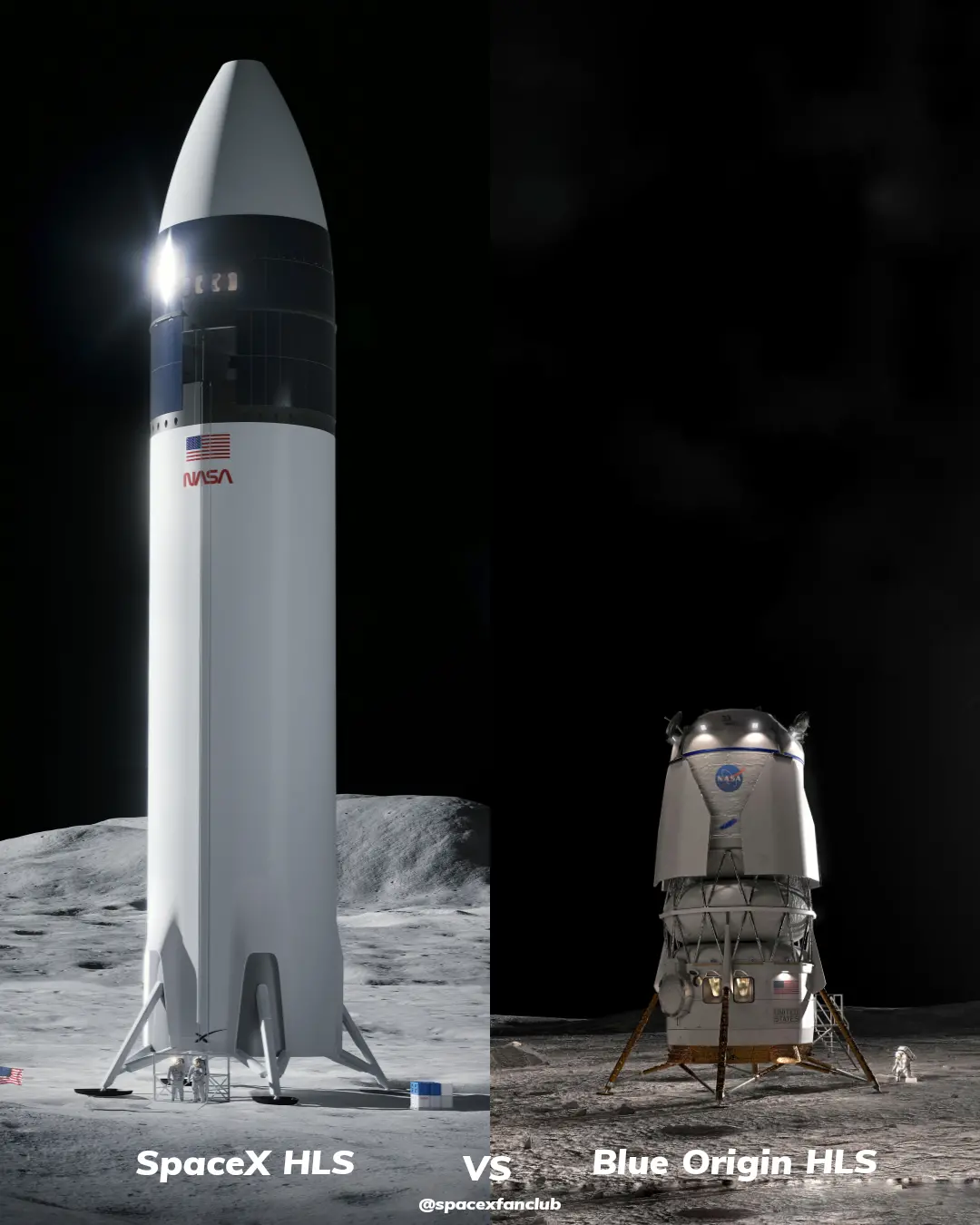 星舰（左）和蓝月亮MK2（右）载人登月舱对比 | NASA