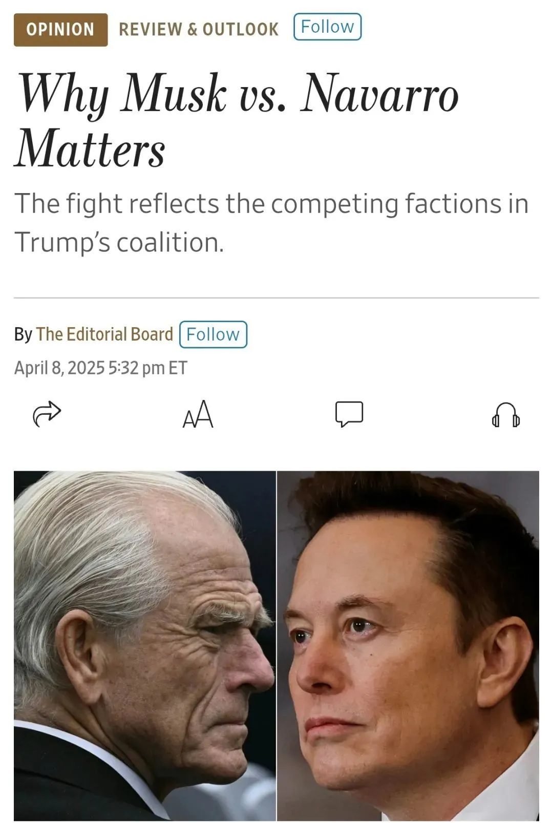 ▎ MAGA内部分歧以纳瓦罗和马斯克的对决为代表。图源：WSJ