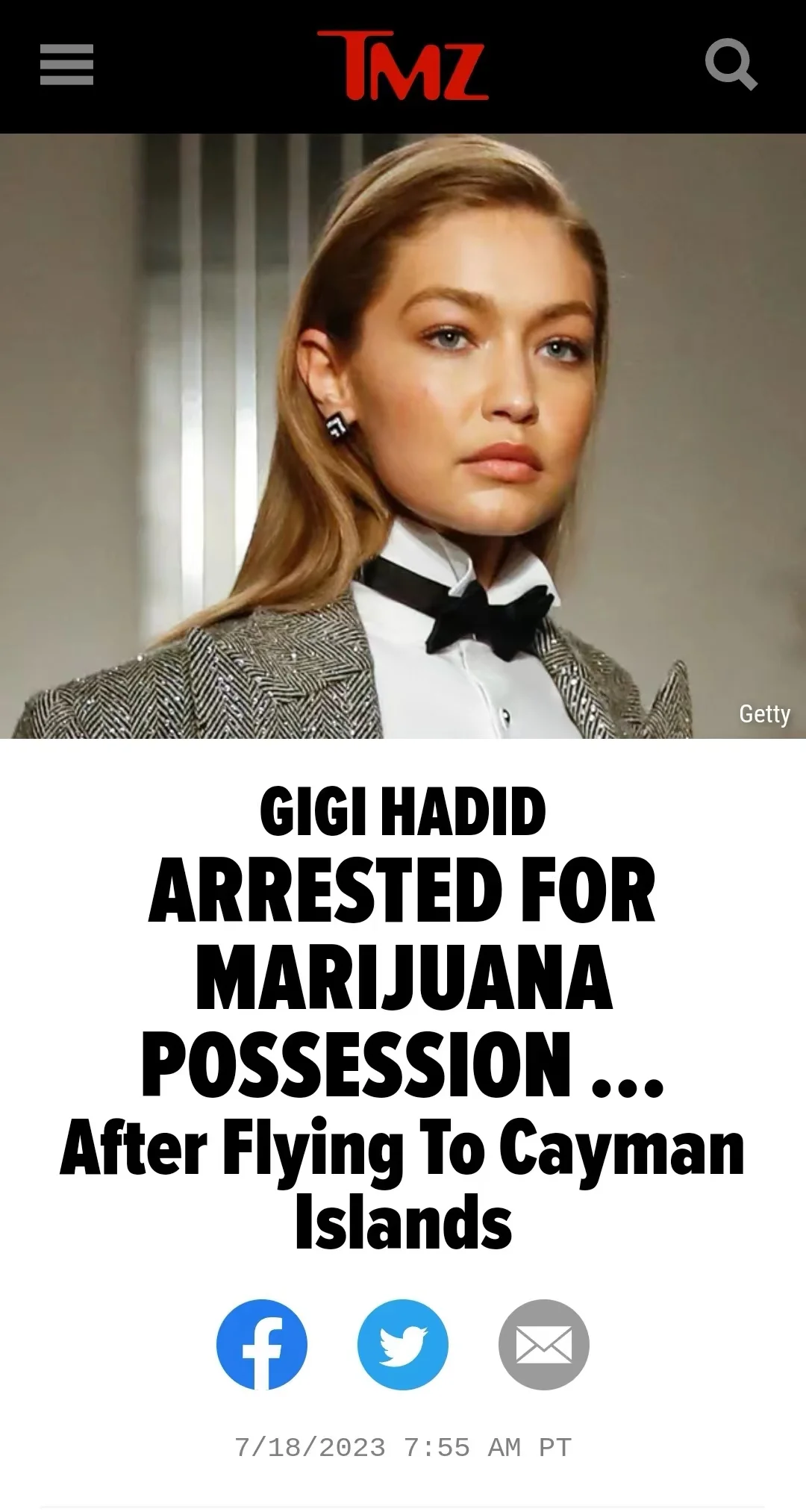 吉吉·哈迪德因携带大麻被捕 代理人称是合法购得合法医用