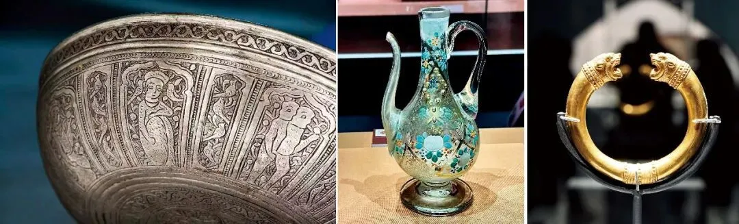 来到中国的伊朗文物：左起恺伽王朝银碗（局部），装饰伊朗年轻女性、情侣及兔子和飞鸟图案（图/受访者提供）；公元16世纪萨法维王朝的“花卉纹玻璃壶”（图/受访者提供）；公元前550—前330年阿契美尼德王朝的“黄金狮首授权环” （摄影/本刊记者 刘文华）