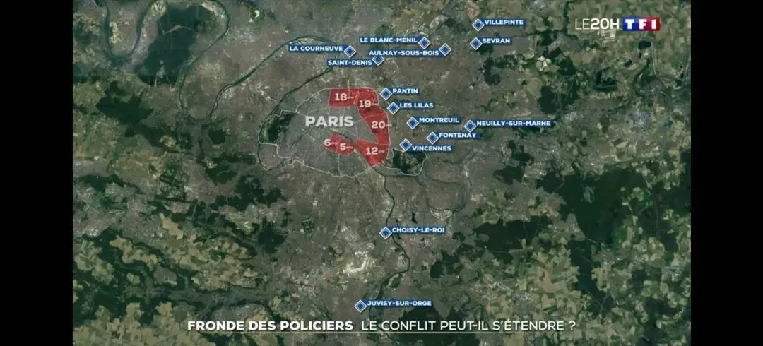 ▲ 响应罢工的罗讷河口省和大巴黎警局。（TF1报道截图）