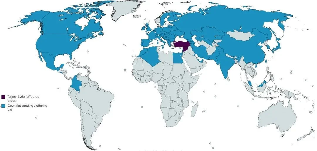 ▎已宣布为土耳其和叙利亚提供援助的国家（蓝色）