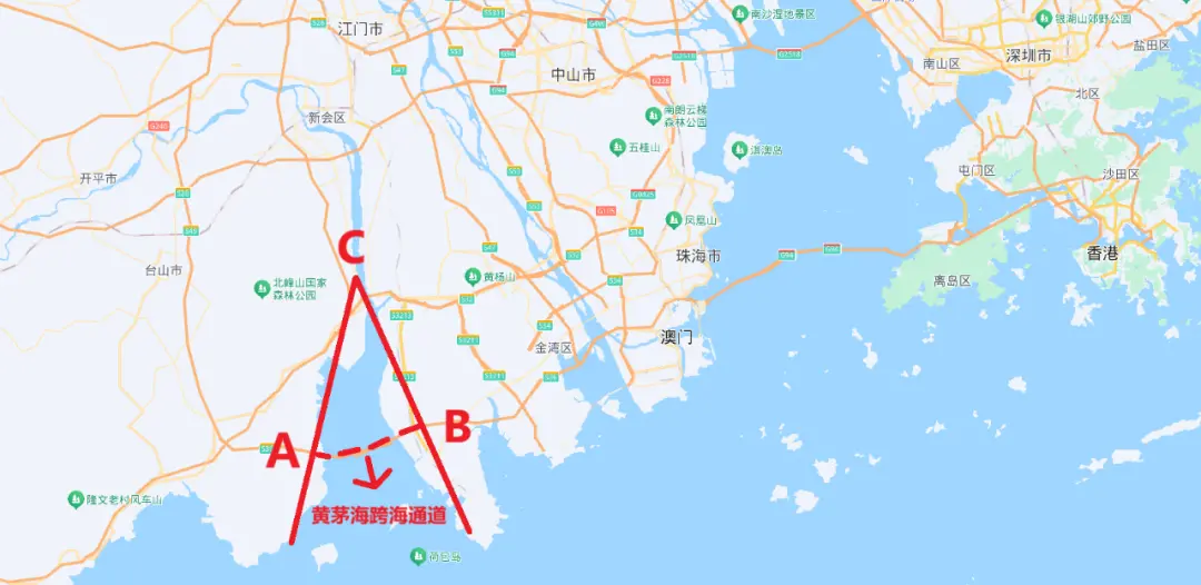 图为黄茅海跨海通道示意图，通道A侧为江门台山市，B侧为珠海金湾区。受访者供图