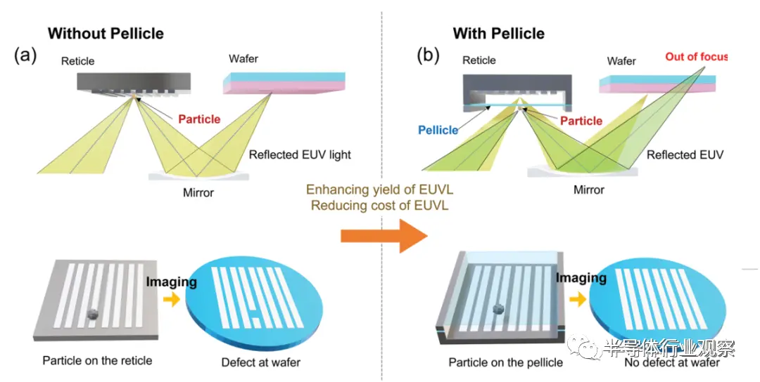 不携带（左）和携带EUV薄膜的EUV掩模示意图