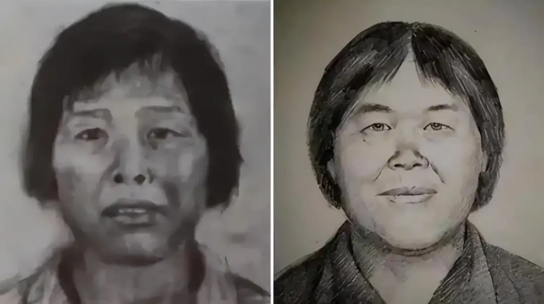 ◎ 左为广州警方绘制的第一张“梅姨”模拟画像 于2017年公开悬赏