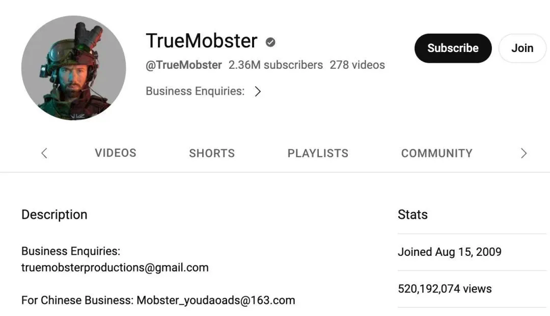 YouTube用户TrueMobster的账号信息